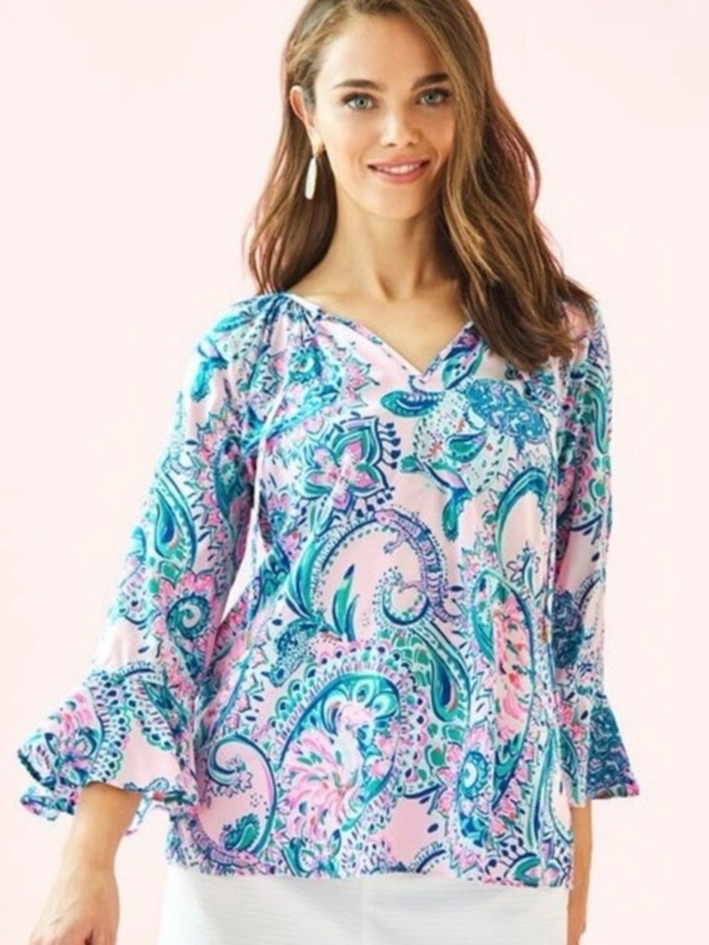 Lilly Pulitzer Willa Flounce Sleeve Top Pink Tropics Tint Tangerine Dream print